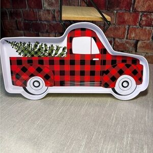 Red Plaid Truck Shaped Tray. Christmas Themed Tray with White Trim.